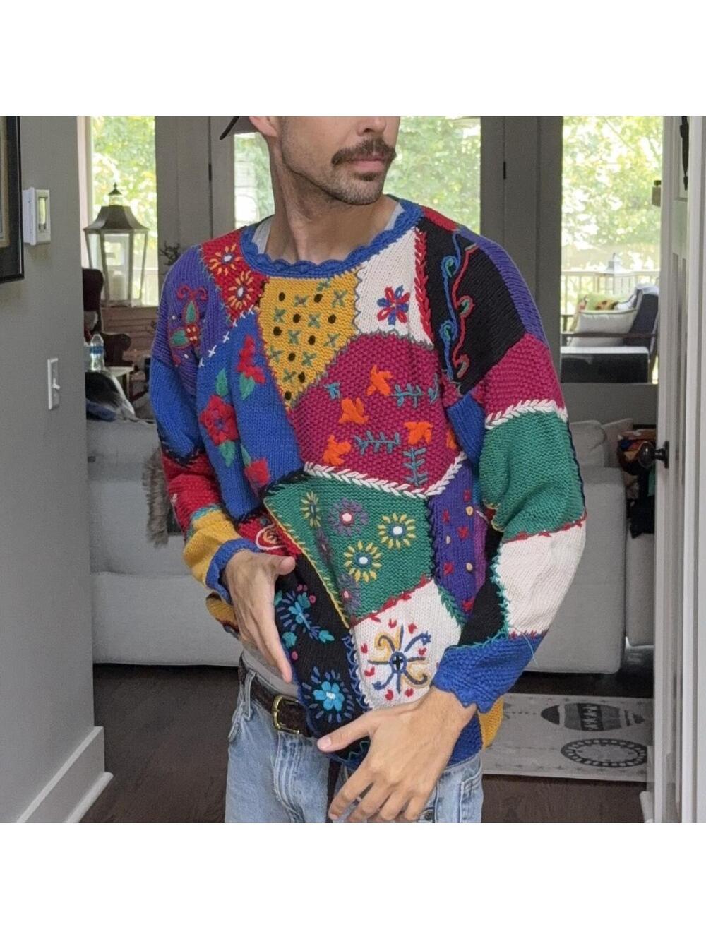 🎨 Vintage 1993 Casual Corner Hand Knit Patchwork Sweater | M